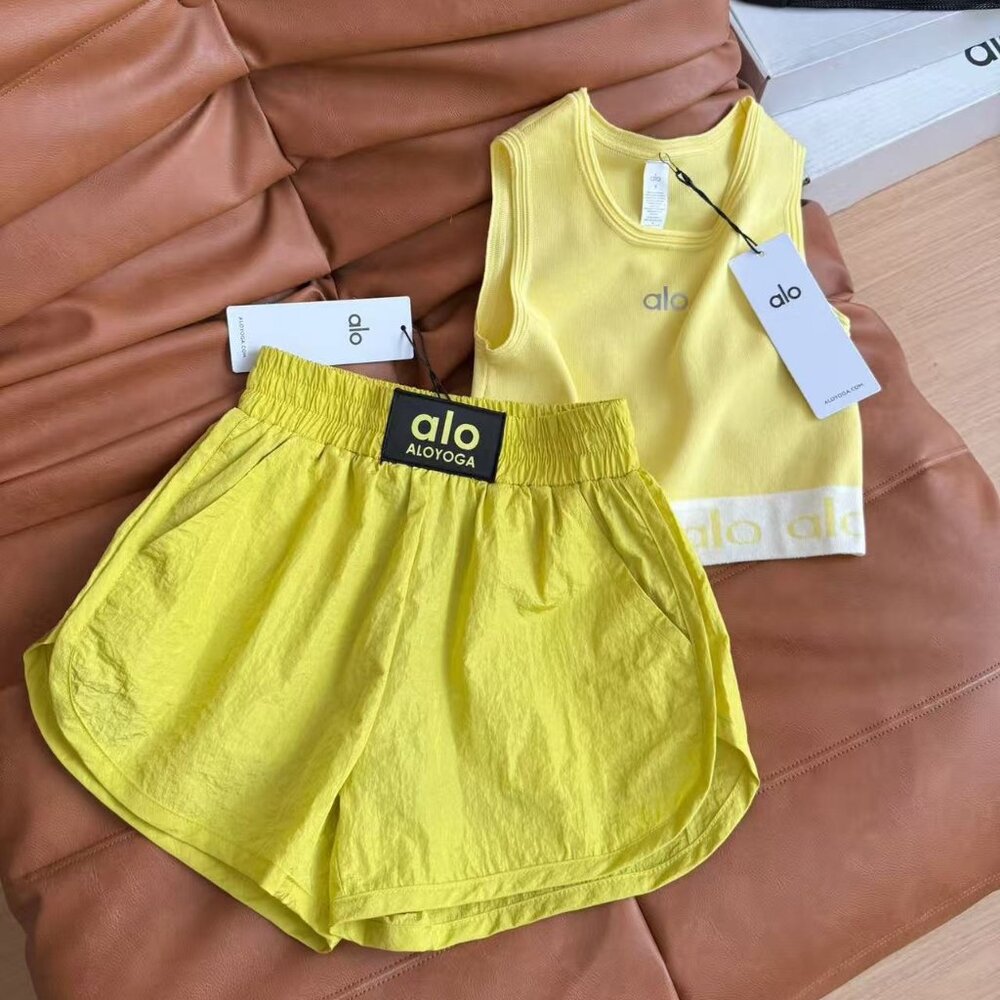 Alo Yoga Bright Yellow Energetic Workout Set | Tank Top + Shorts Two-Piece Set